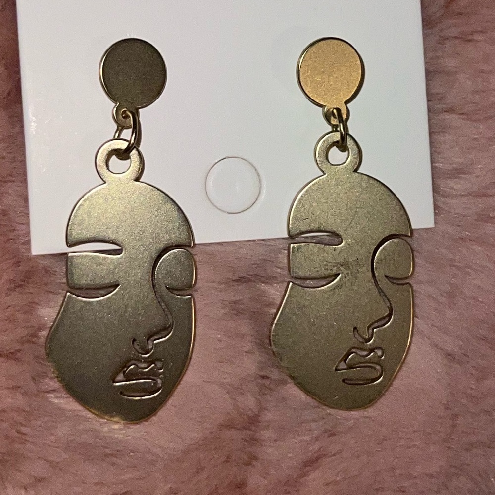 NWOT matte brass abstract face earrings